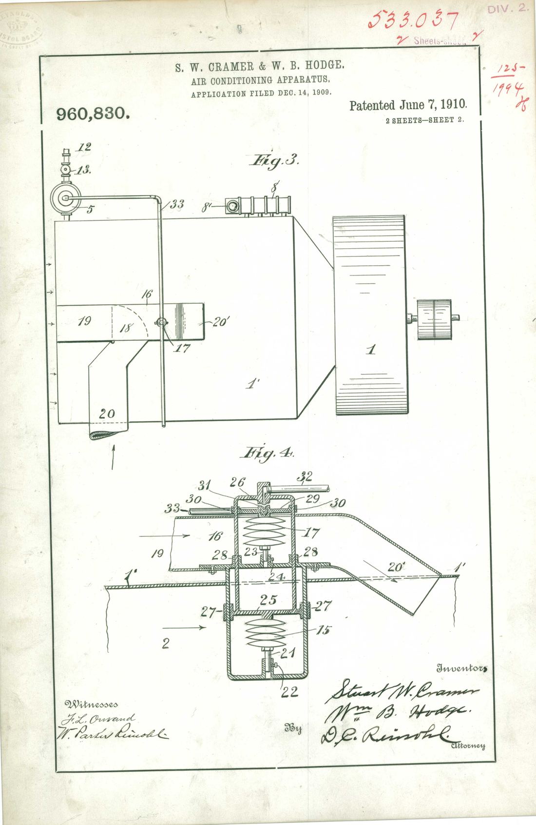 A patent drawing for an air conditioning apparatus by S. W. Cramer and W. B. Hodge