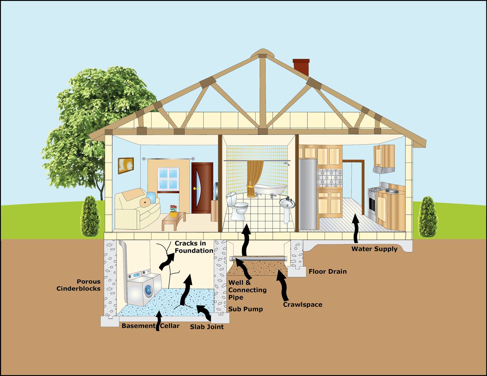 Illustration of a house showing how radon gas enters through cracks and openings in the foundation